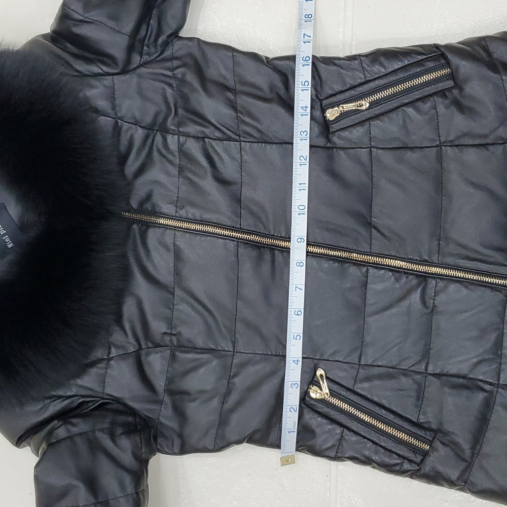 Lambskin down puffer coat fur collar women's size 6 black gold zippers - Picture 5 of 15